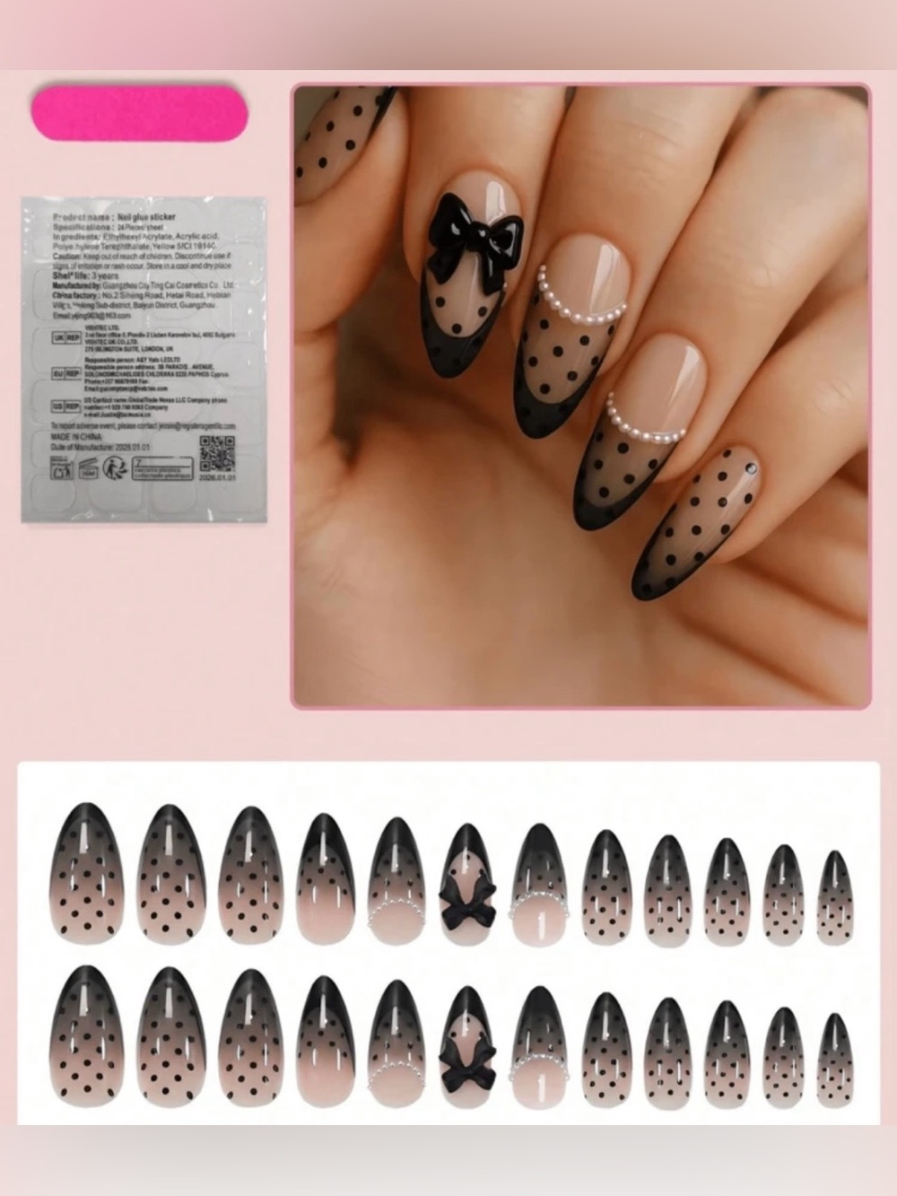 Sheer Nude Almond Nails with Black Polka-Dot French & Pearl Accent Press-Ons - Picture 3 of 3